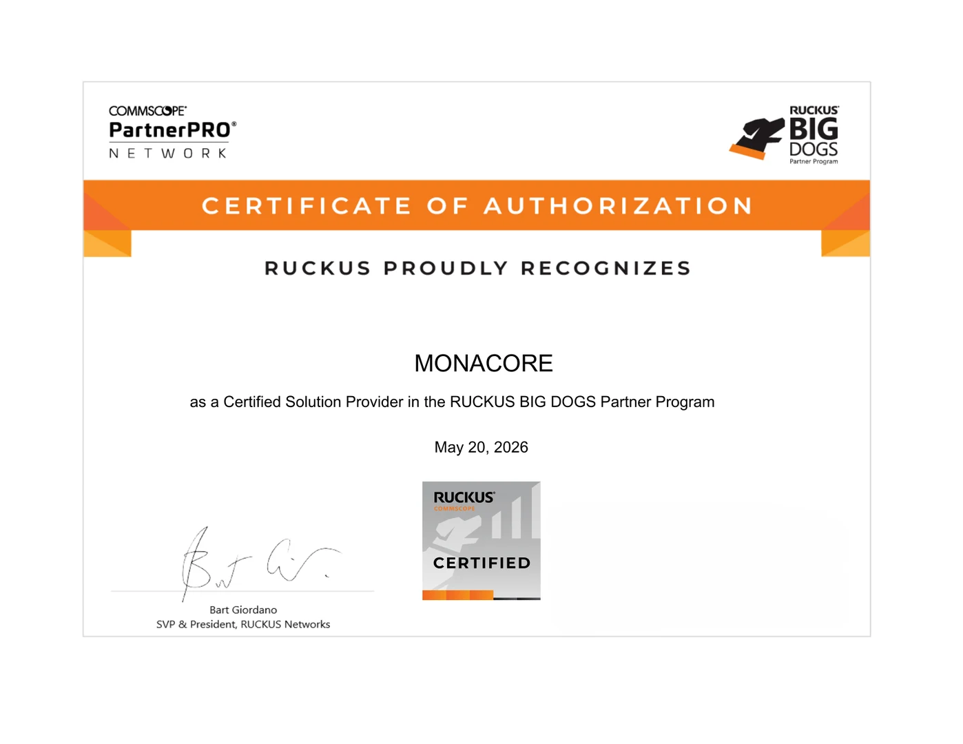Ruckus Big Dogs certificate awarded to Monacore