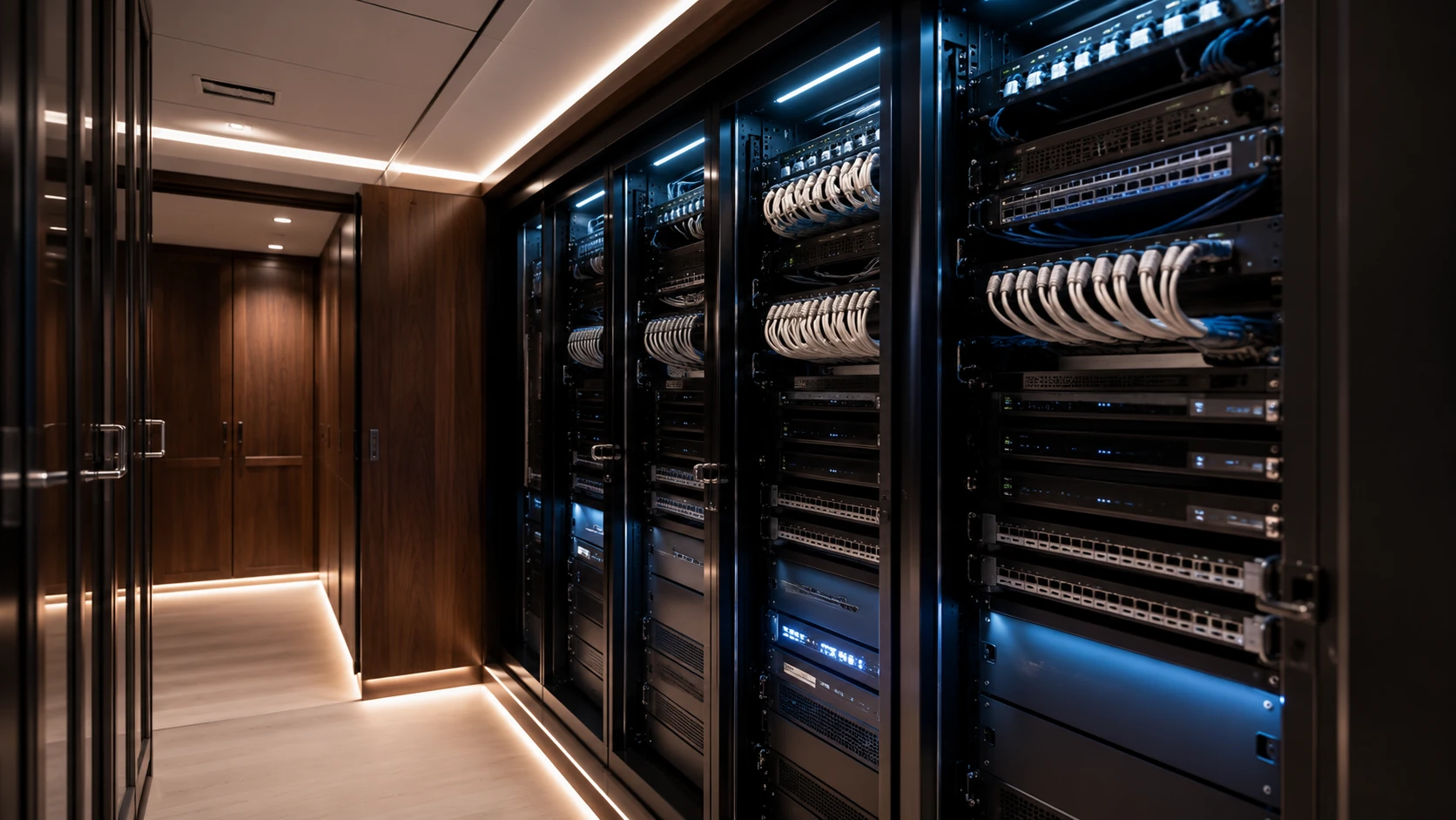Network racks integrated inside a luxury yacht